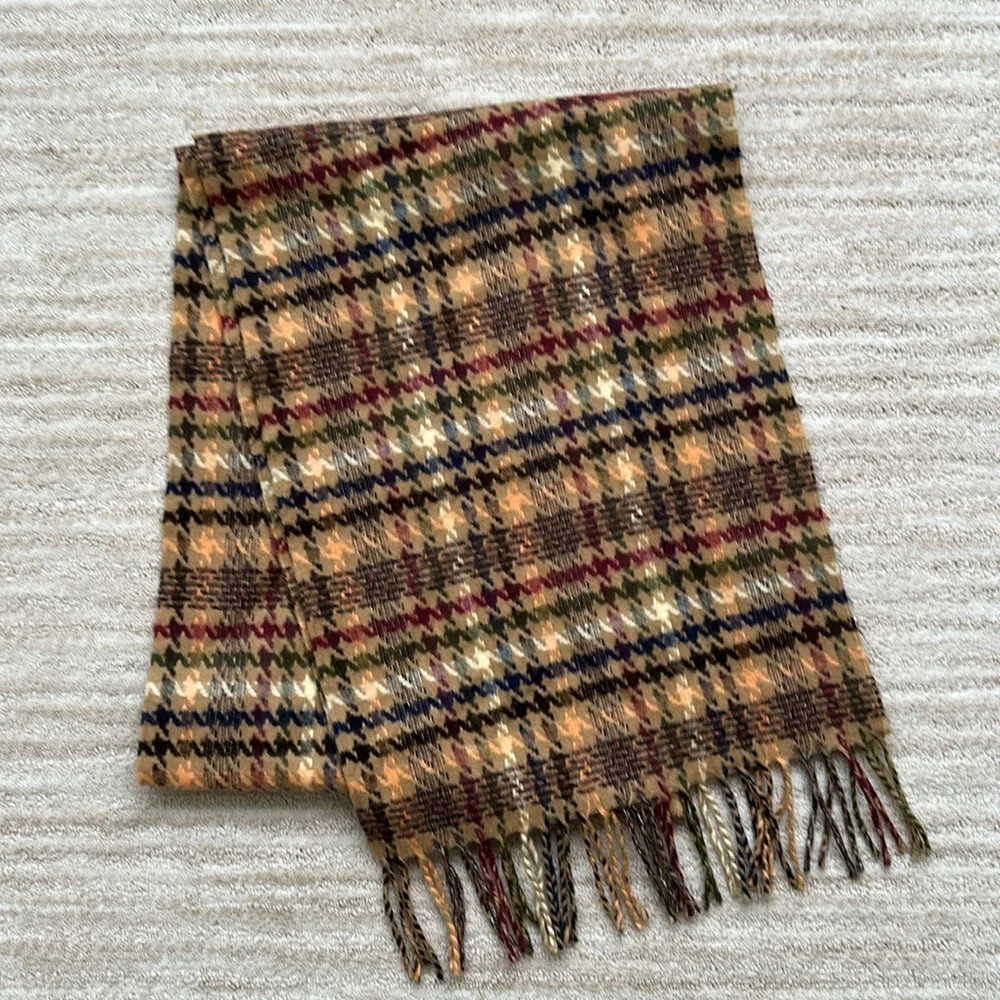 Made in Scotland 100% Cashmere Scarf Classic Tan and Multi Plaid Fringe Ends